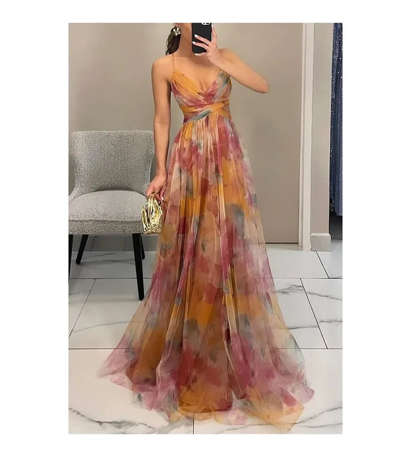 Spring and summer new mesh printed camisole dress INS holiday casual party dress skirt robe argent  dress for women