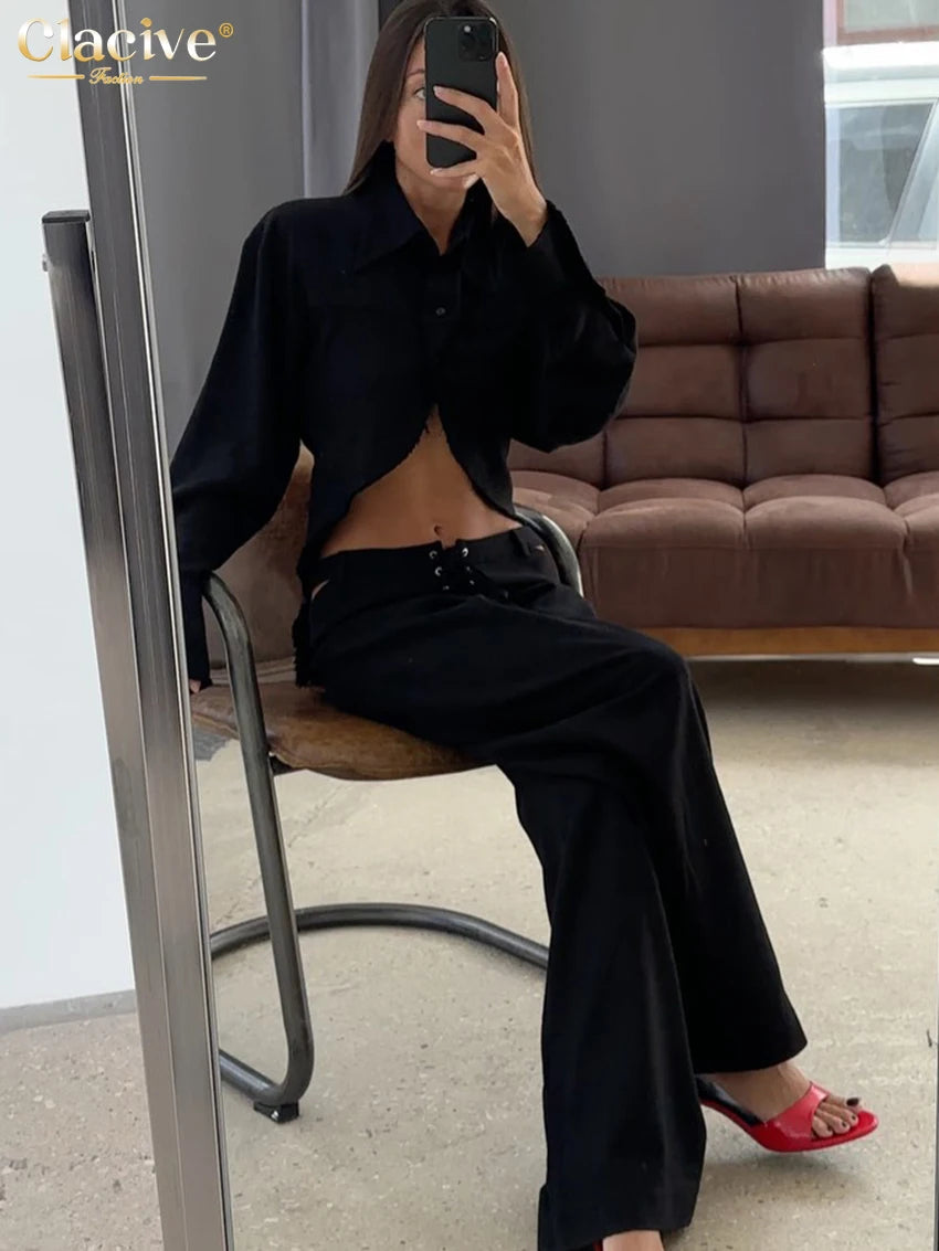 Conjunto de Duas Peças Elegantes Camisa de Manga Longa com Cintura Média Calças Largas Conjunto Streetwear