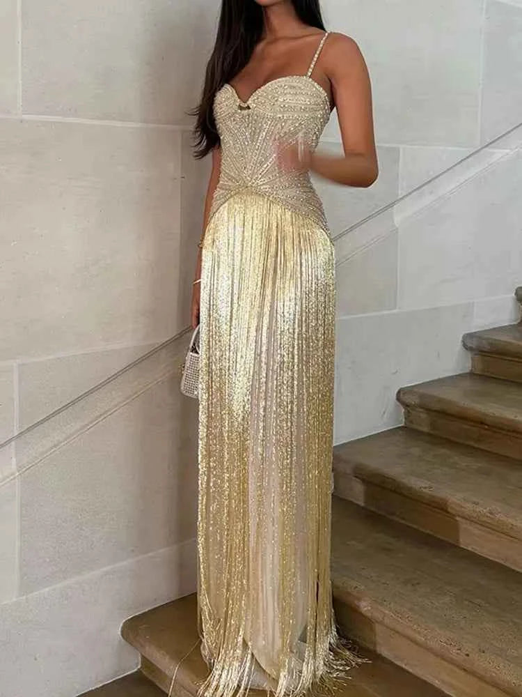 Sexy Off Shoulder Sleeveless Suspender Dress Women's Elegant High Waist Slim Tassel Long Dress Fashion Draped Solid Long Dress