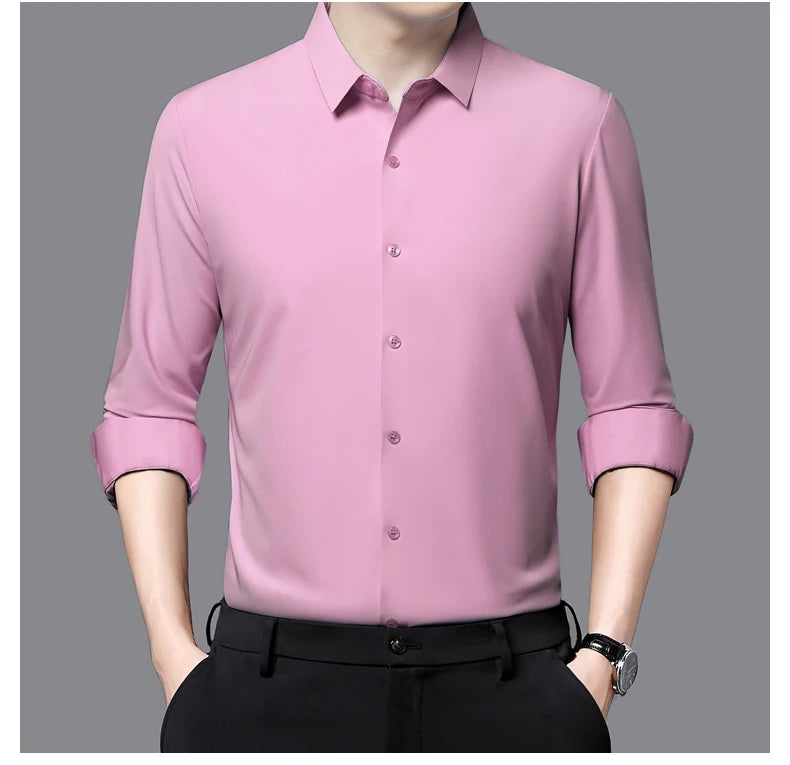 Camisa masculina premium ultraelástica - Camisa formal de manga comprida de seda de alta qualidade para uso social e casual
