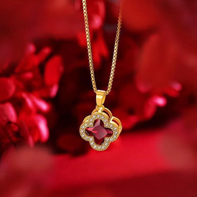 9999 real gold 24K yellow gold Light Luxury Micro Set Ruby Clover Necklace - CRAVO ROSE