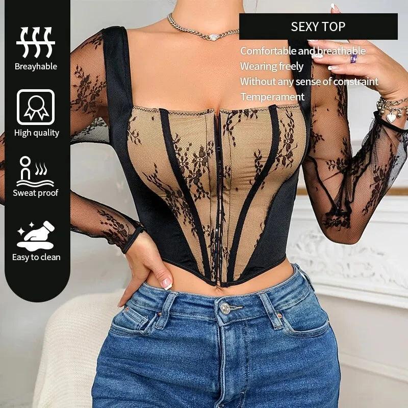 Women's Sexy Semi Transparent Long Sleeved Embroidered Lace Patchwork Hollow out Tight Fitting Design Square Neck Casual Top - CRAVO ROSE