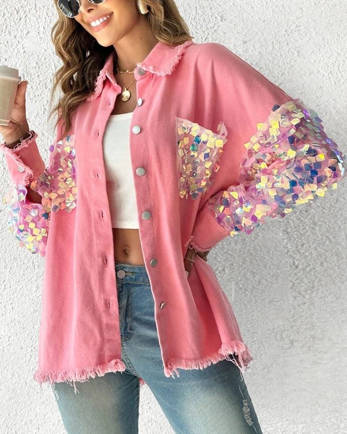 Blazers para casacos de manga comprida com decote em V, capa com blocos de cores e strass, elegante, casaco de trabalho