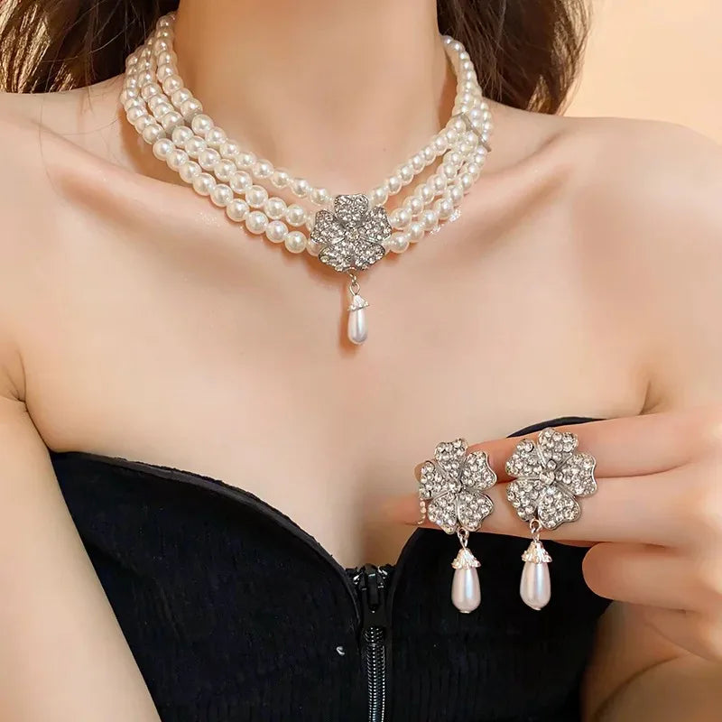 Flower Party Necklaces Women French Luxury Imitation Pearl Multi-layer Necklaces Bracelet Earrings Rhinestone Jewelry Sets K-