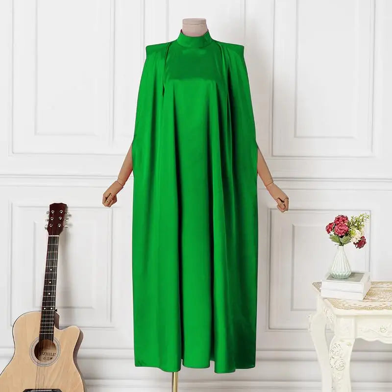 VONDA Women Elegant Satin Dress 2024 Fashion Long Bat Sleeve Stand Collar Evening Pleated Maxi Sundress Casual Solid Loose Robe