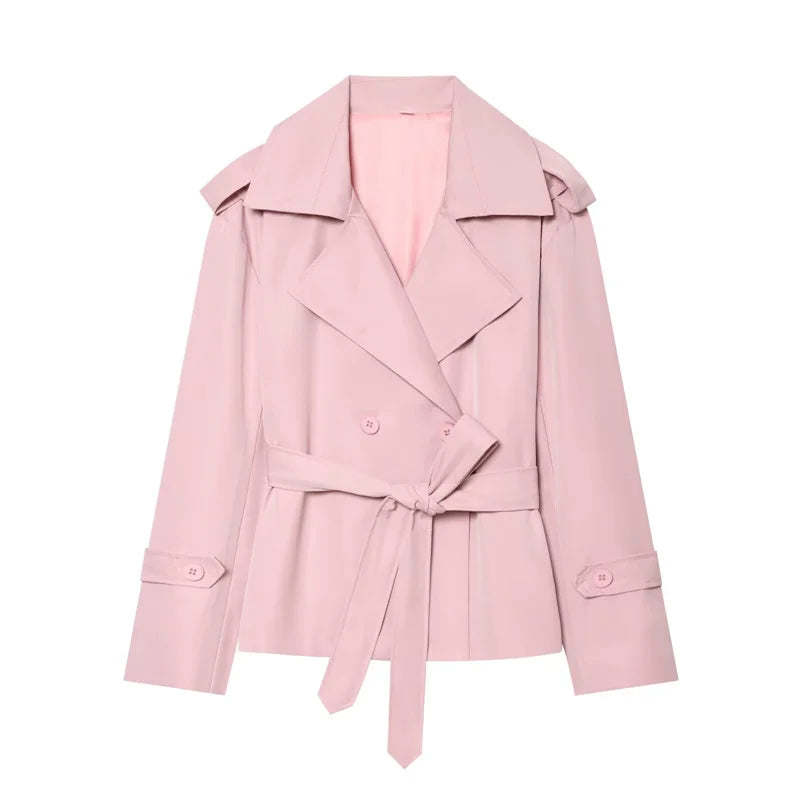 Women's Coat 2026 Spring New Style Solid Color Long Sleeve Belted Short Trench Coat European and American Personalized Fashion