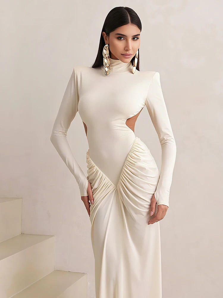 Weird Puss Backless Maxi Dress Women Shoulder Pads Long Sleeve Waistless Peach Buttocks Ruched Elegant Banquet Skinny Vestidos
