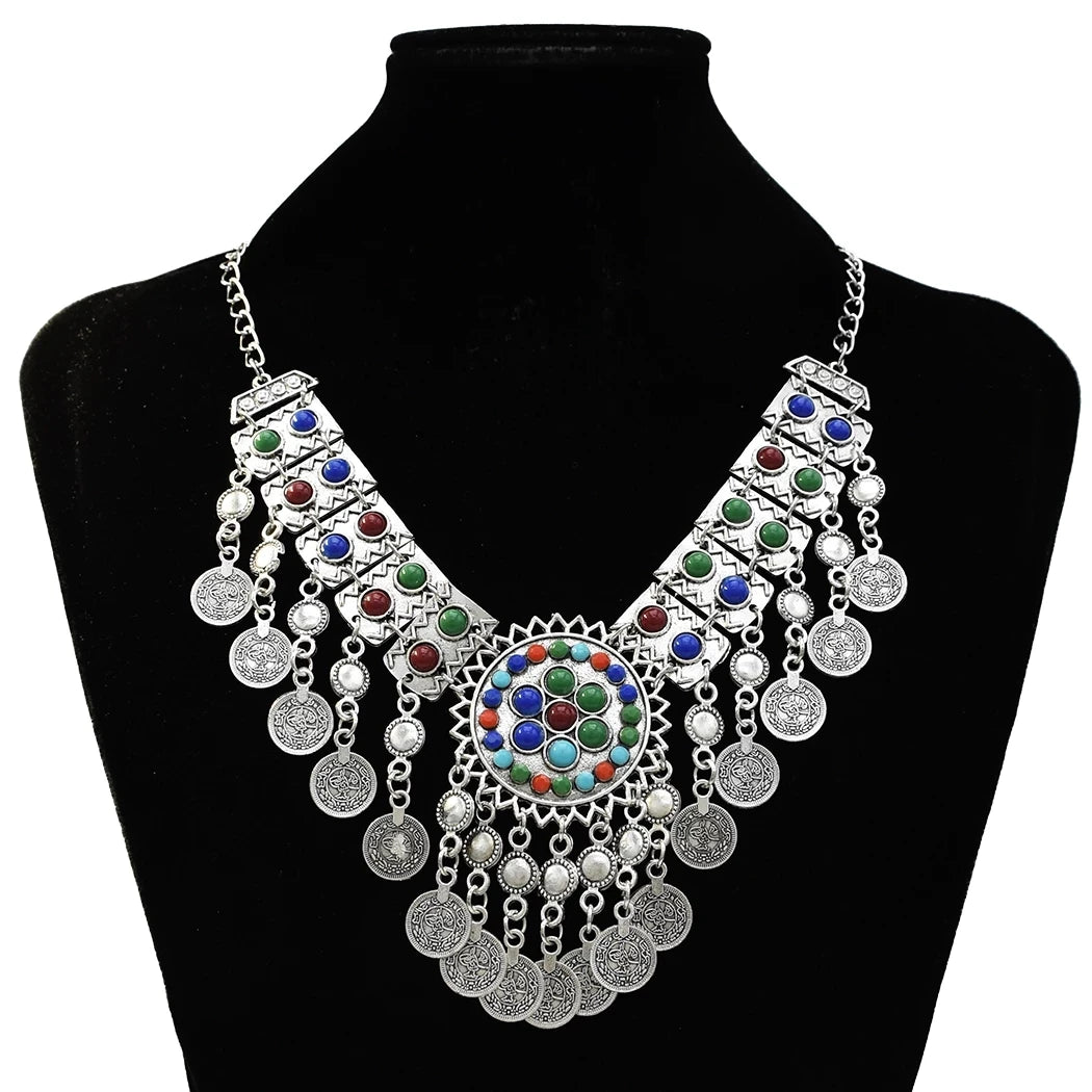 Gypsy Boehmian Hippie Collar Necklaces for Women Big Chunky Tibetan Silver Metal Necklace Festival Turkish Party Jewelry Gift