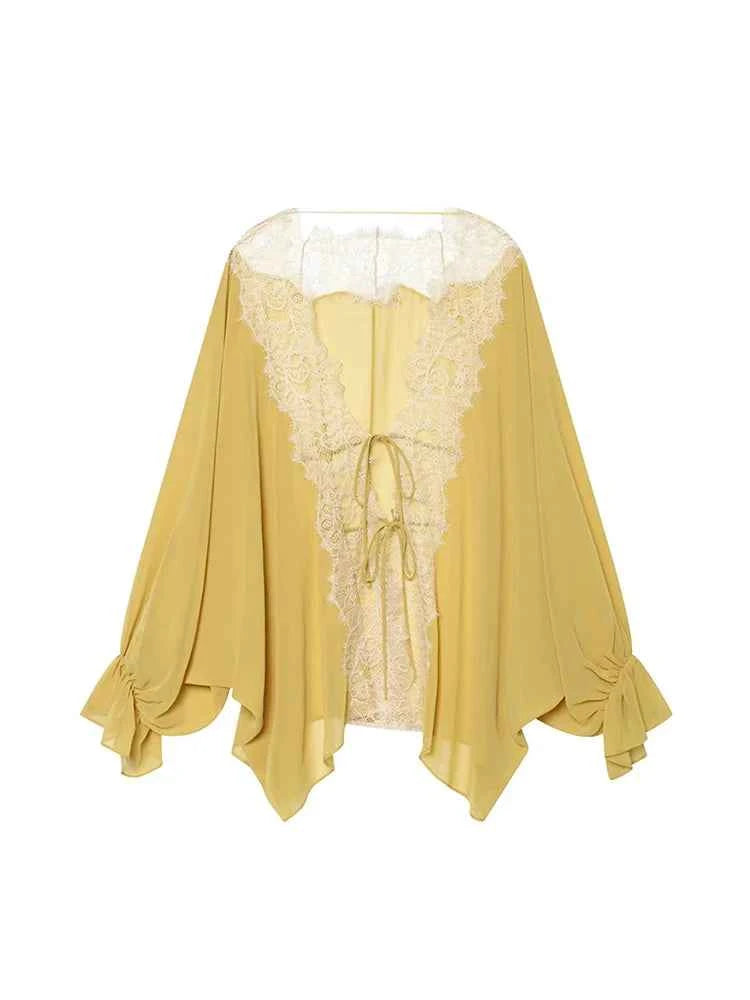 TFMLN Women Lace Patchwork Lantern Long Sleeve Shirt Top Tie-up Loose Sheer Blouse Elegant Irregular High Street Fashion Lady