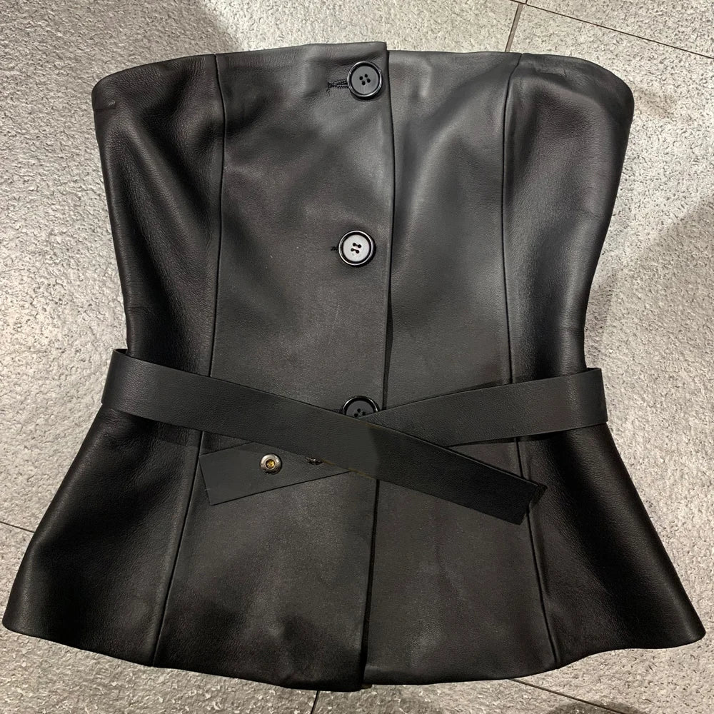 Novo top de couro legítimo feminino para primavera, sutiã de couro legítimo