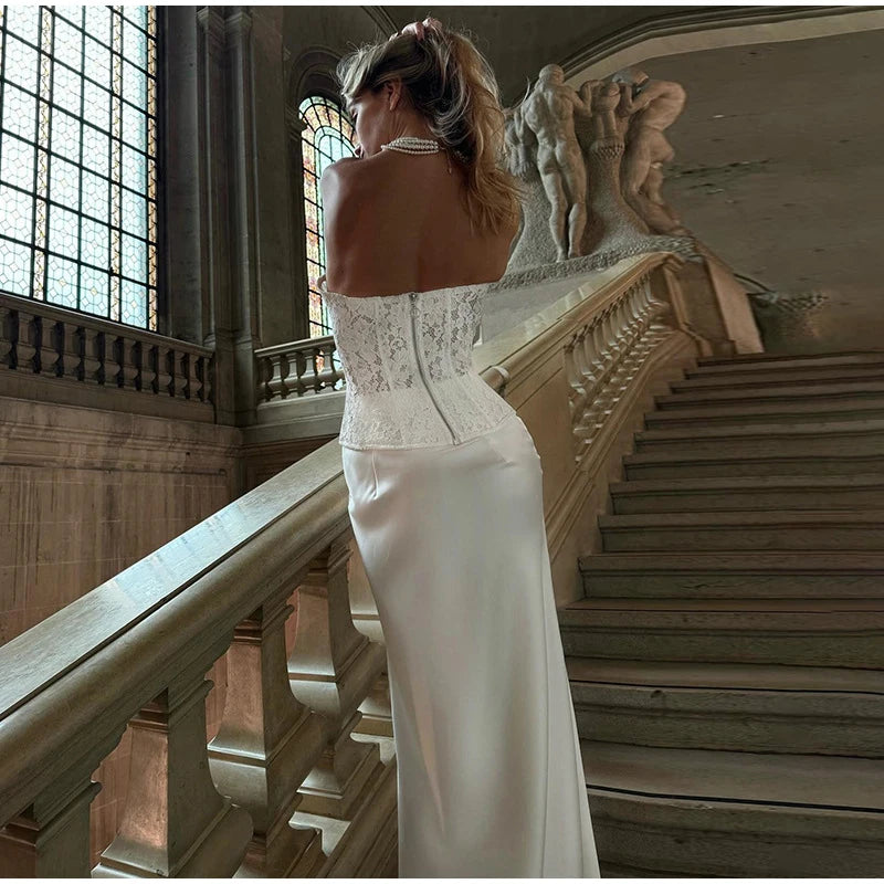 Conjuntos elegantes de renda e cetim com top e saia longa femininos, blusa justa e ombro de fora, robes femininos para festa de verão e noite