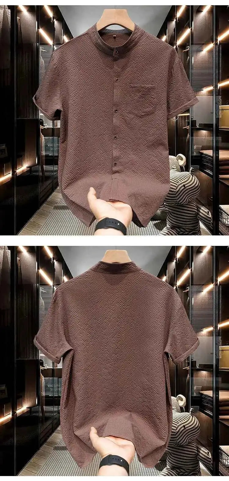 M-5XL Summer Men's Shirt Short Sleeved with Bubble Gauze Textured Fabric Thin Quick Drying Stand Up Collar Short Sleeved Shirt