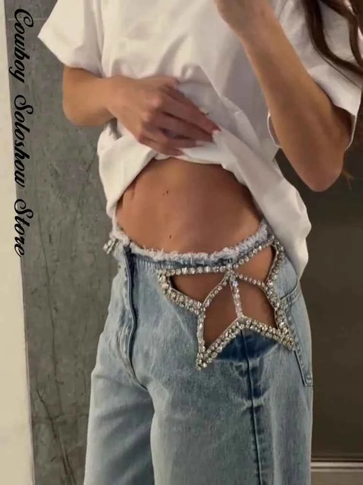 Y2k Hot Fix Rhinestone Cutout Women's Jeans Summer Street Low-rise Wide Leg Loose Denim Pants Lady New Fashion Party Trousers