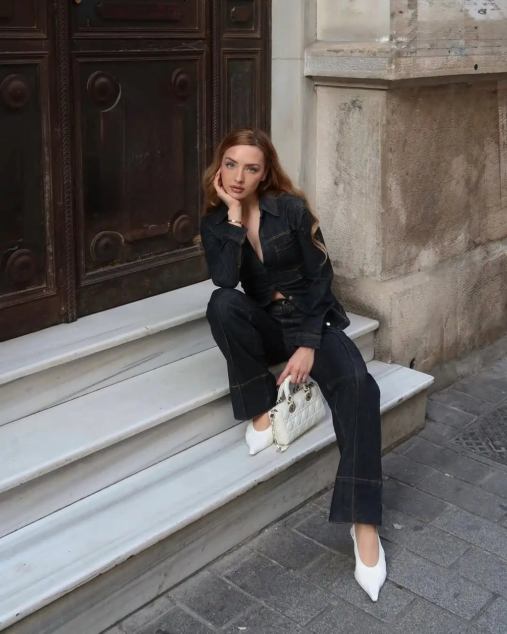 Women Fashion Denim Solid Top High Waist Pants Suits Casual Single Breasted Lapel Neck Shirts Pant Set Spring Lady Street Wear