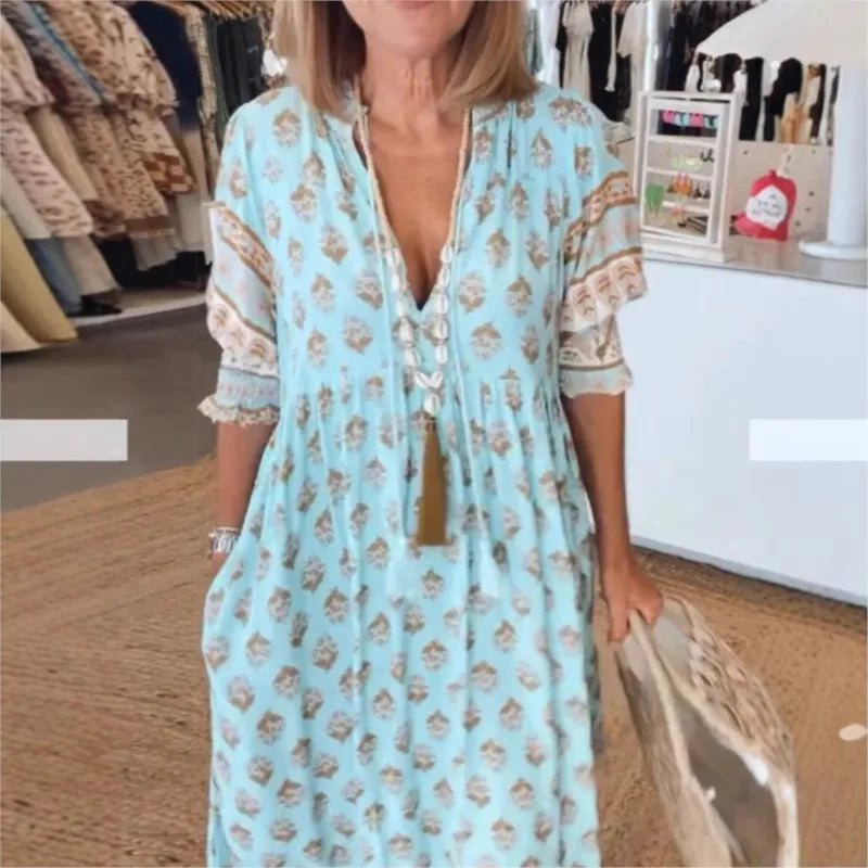 Boho Printed Chic V-neck Tassel Long Dress Women‘s Spring Pocket Party Dress Fall Half Lantern Sleeve Ruffles Maxi Dress Summer
