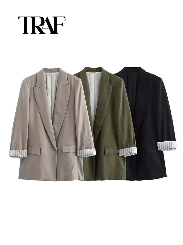 TRAF Spring Autumn Women Linen Blazer Jacket Casual Roll Sleeves Loose Versatile Pocket Decoration Suit Coat ﻿ - CRAVO ROSE