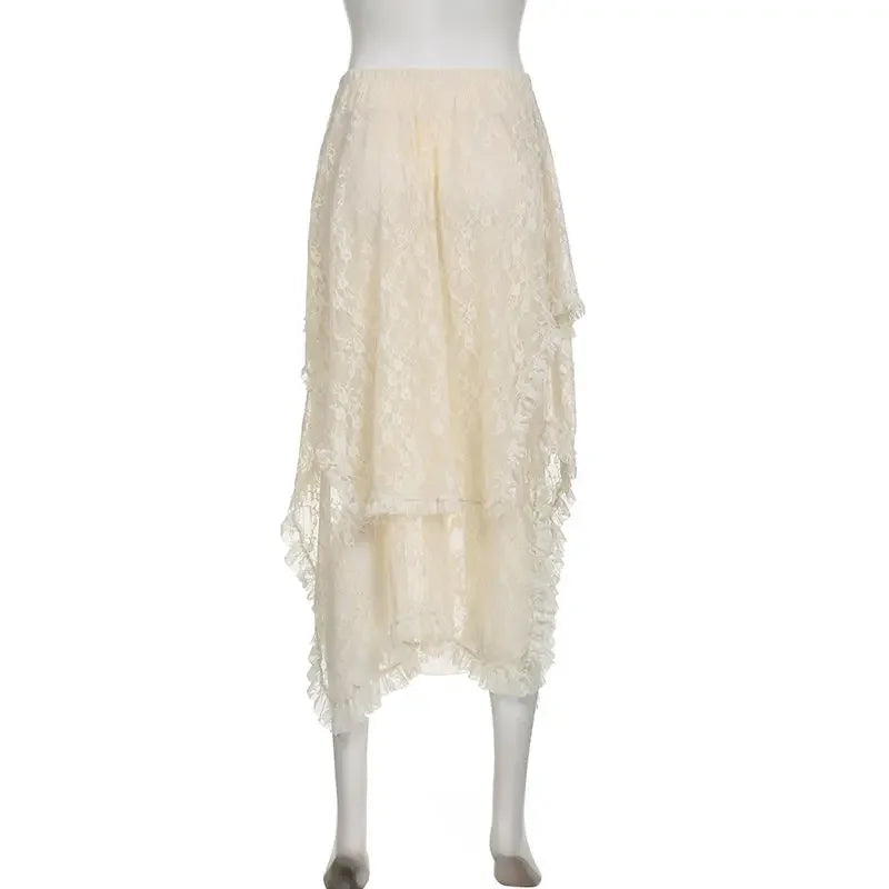 Saia assimétrica de renda Fairycore feminina vintage Y2K Boho estética moda cintura alta saias médias femininas roupas de férias