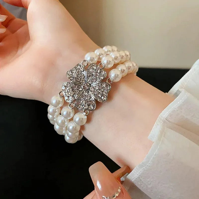 Flower Party Necklaces Women French Luxury Imitation Pearl Multi-layer Necklaces Bracelet Earrings Rhinestone Jewelry Sets K-