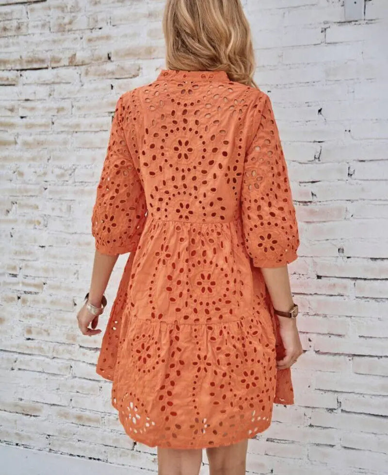 Spring Summer New Solid Color Hollow Out Fashion 7 Point Sleeve Dress Wmen's Casual Loose Simple Elegant Female Holiday Dresses