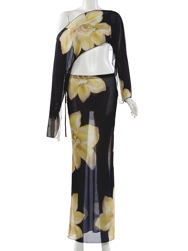 Kliou Floral Print 2 Piece Set Woman Skew Collar Full Sleeve Navel Exposed Tops+Elastic Waist Long Skirts Vacation Elegant Suits