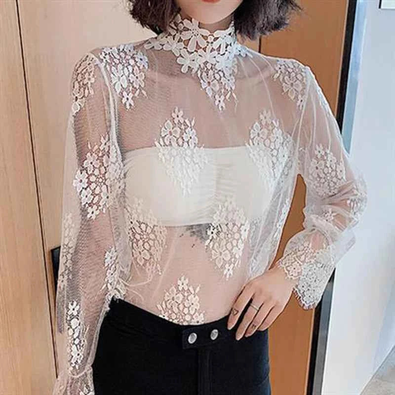 Sexy Lace Base Shirt Women's Mesh Inner Top Half High Collar Knitted Sweater Layerable Floral Lace Trim See through Design
