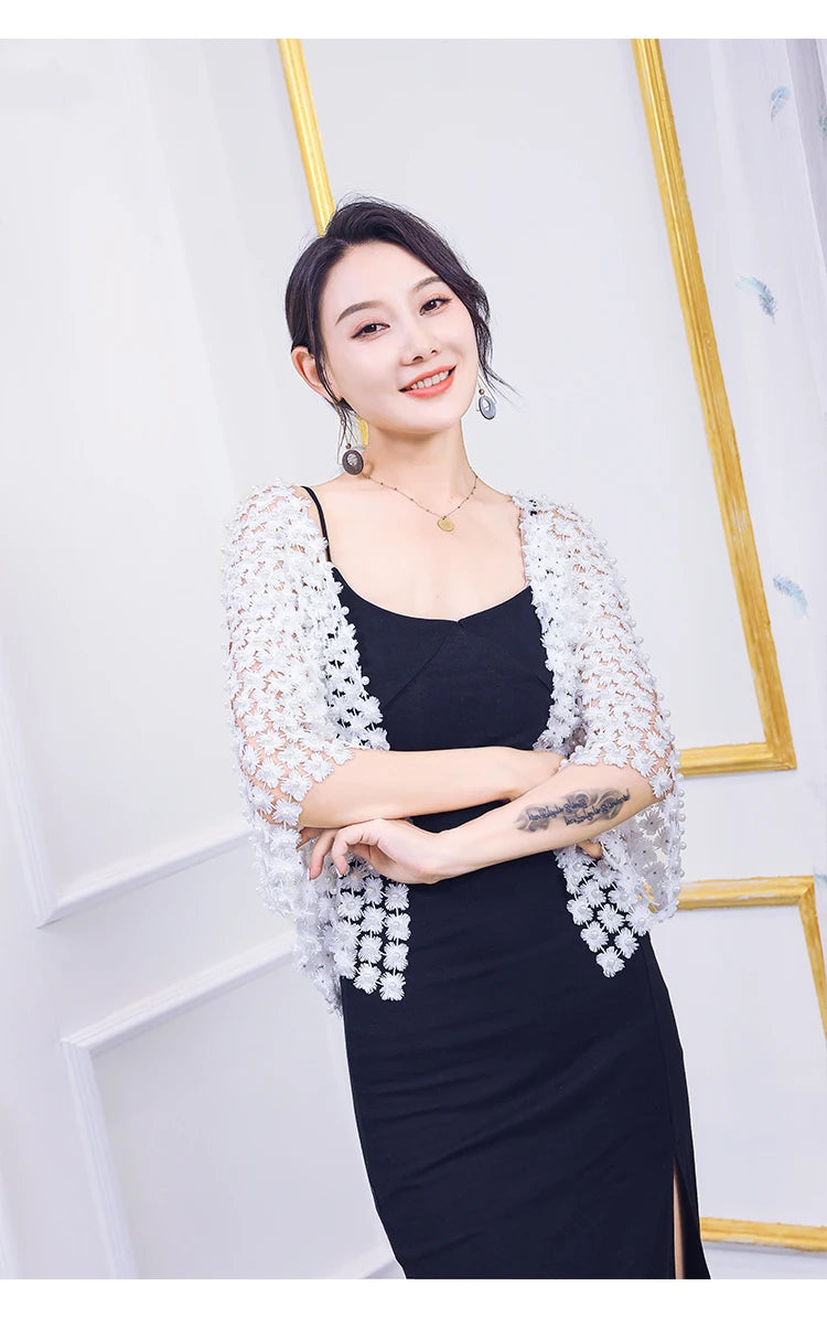 Women Beads Coat 2025 Summer Style Women Perspective Shawl Fashion Hollow Out Lace Boleros Short Sleeve Coats Jackets Femal