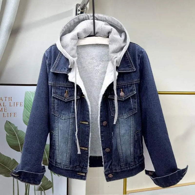Jaqueta jeans feminina de pelúcia quente para outono e inverno, casaco de algodão curto azul jeans, casaco feminino com capuz, agasalho