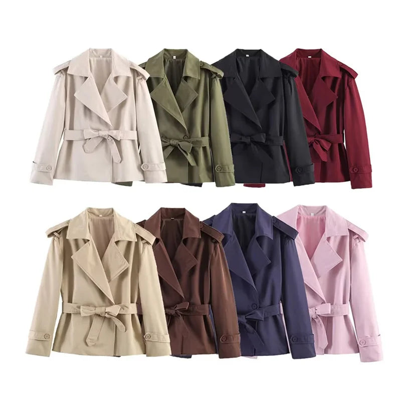 Women's Coat 2026 Spring New Style Solid Color Long Sleeve Belted Short Trench Coat European and American Personalized Fashion