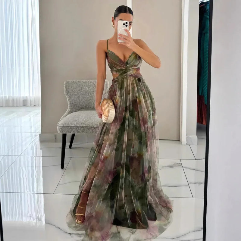 Spring and summer new mesh printed camisole dress INS holiday casual party dress skirt robe argent  dress for women