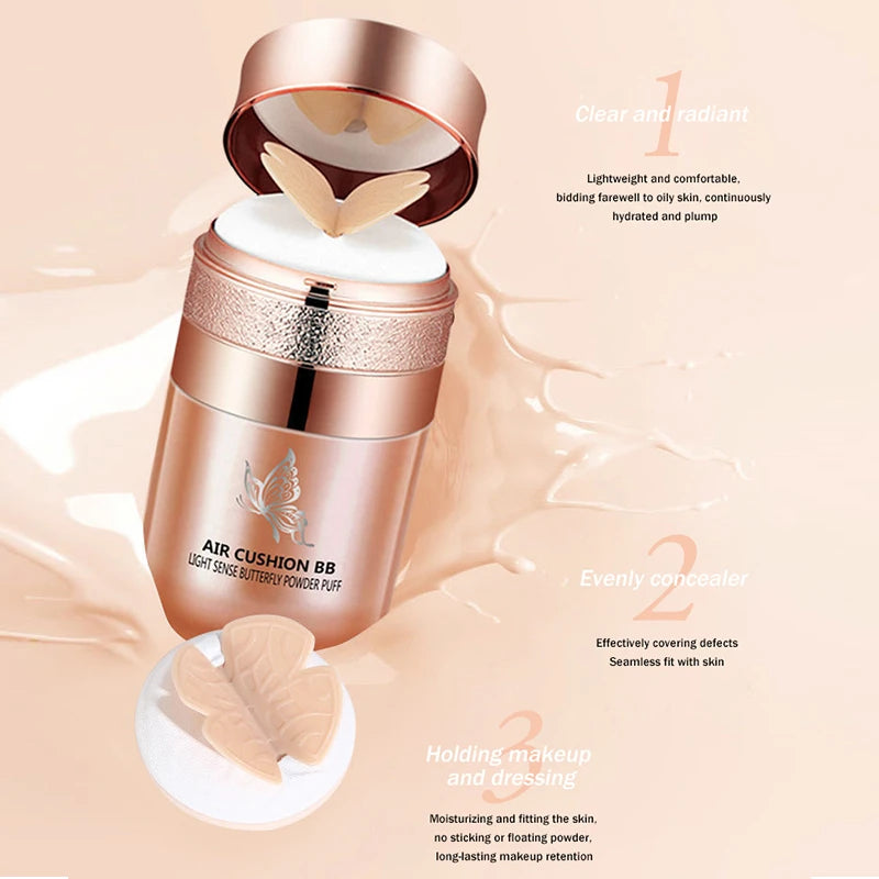 Air Cushion BB Cream Borboleta Pó Puff Base Hidratante Corretivo Clareador Controle de Oleosidade Maquiagem À Prova D'água Cosméticos
