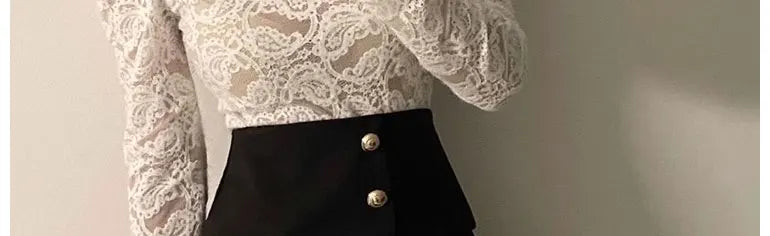 Fleece Lined Lace Base Shirt Women's Autumn Winter Hollow out Mesh Top Trendy Commute Style High Neck Long Sleeve  Color