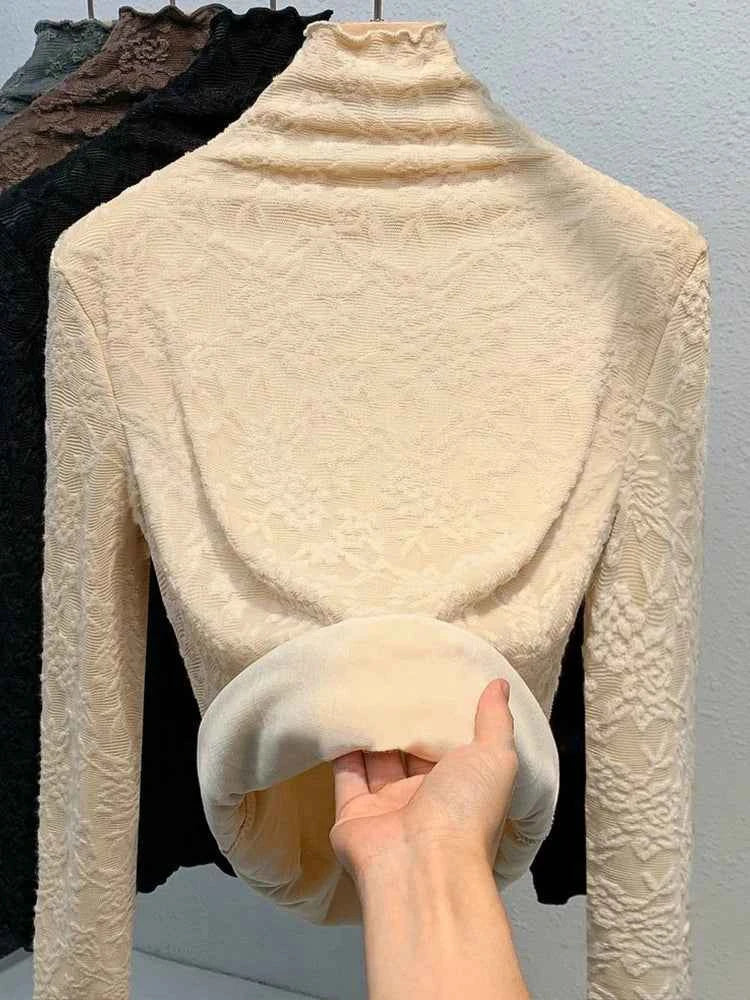 Women's Fleece Lined Lace Base Shirt Half High Collar Inner Wear Autumn Winter Warm plus Size Fat MM Top Commute Style Slim Fit