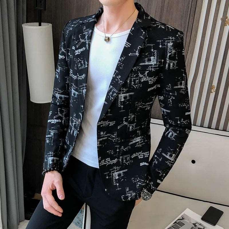 Blazer masculino 2024 primavera moda de alta qualidade versão coreana do impresso fino formal festa de casamento baile terno jaqueta