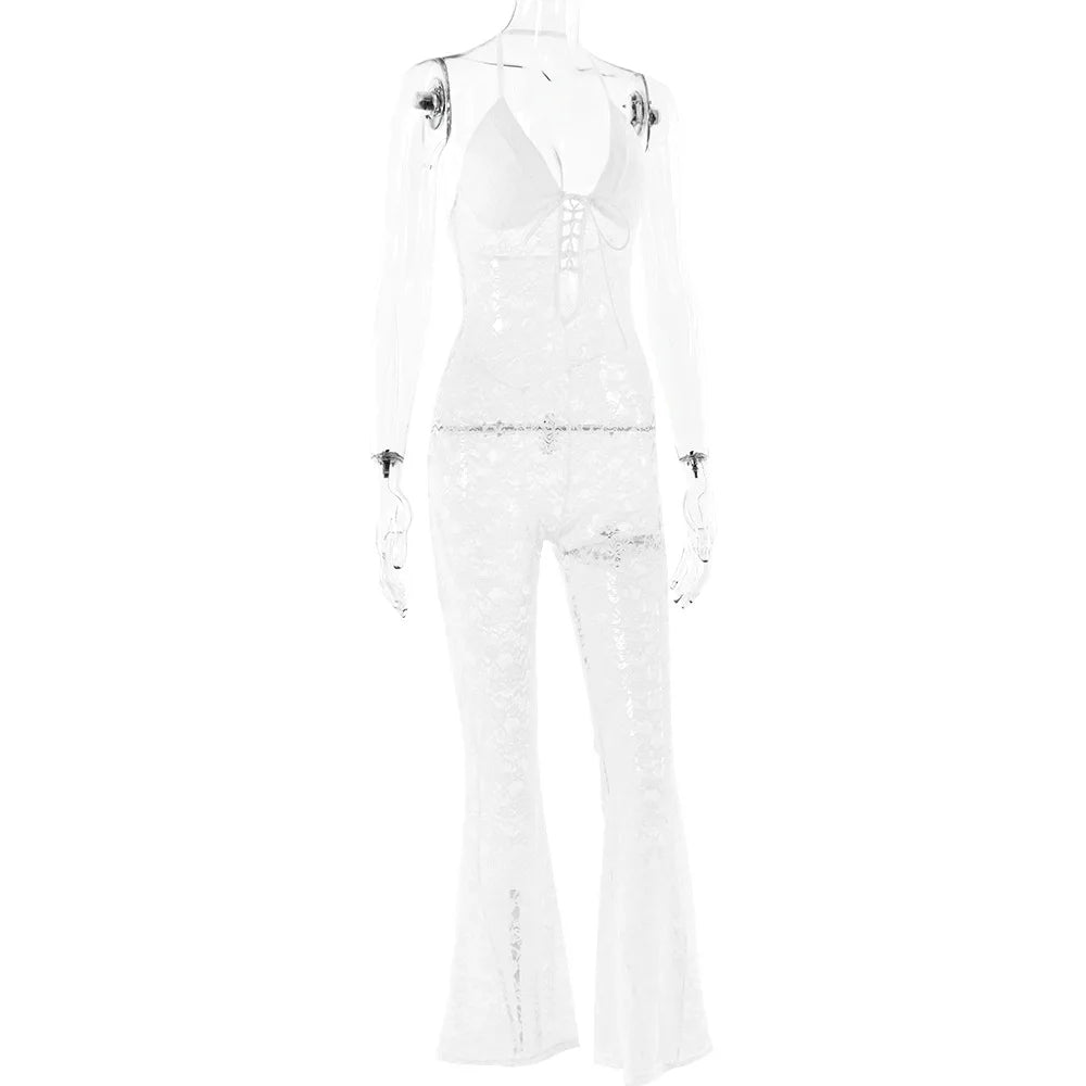 Women's New Sexy Fashion Hollow-Out Lace See-Through Backless Halter Slim Jumpsuit