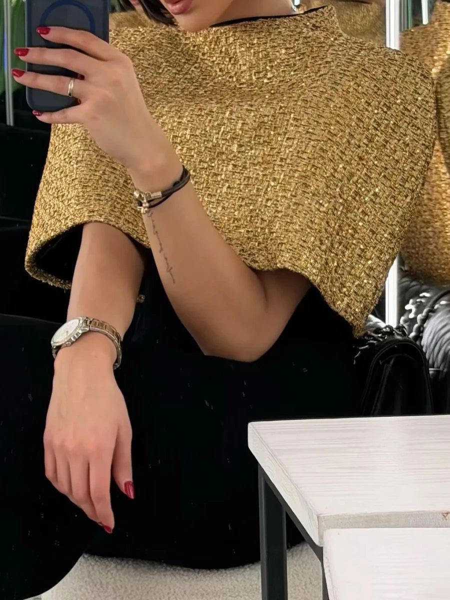 TWOTWINSTYLE Gold Loose Spliced Folds Chic Wraps for Women O Neck Sleeveless Elegant Intellectual Wrap Female Summer Fashion New