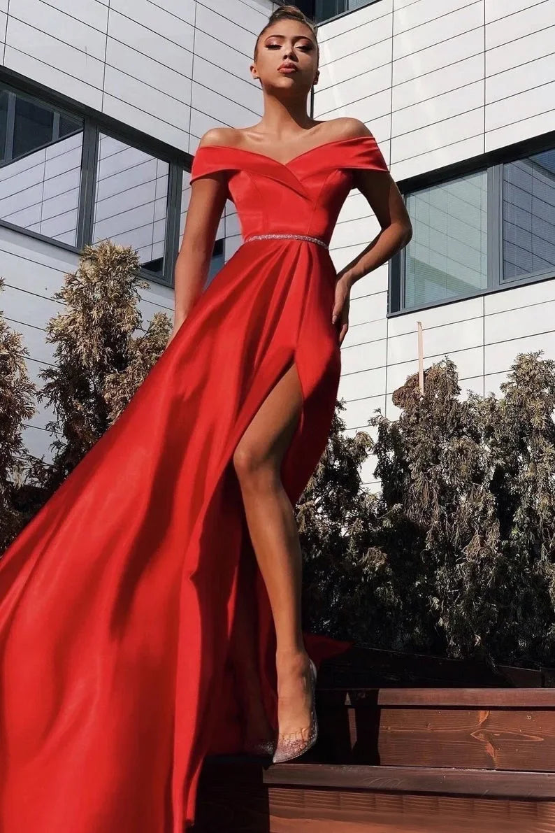 Popular Elegant Long Gowns Red A-Line Formal Party Evening Dresses V Neck Sexy Strapless Slit Satin Women's Wedding Dresses