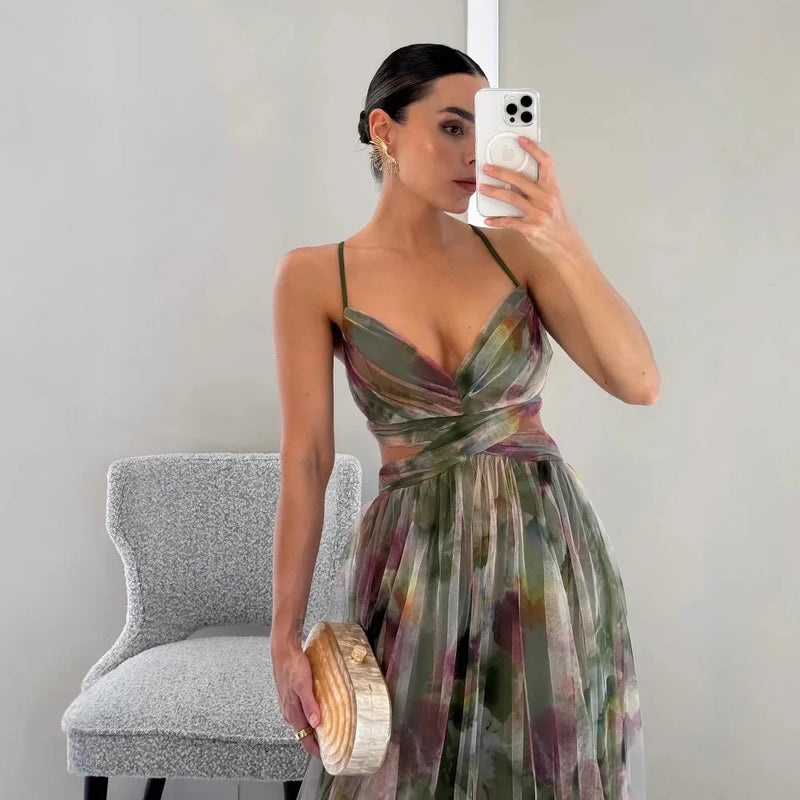 Spring and summer new mesh printed camisole dress INS holiday casual party dress skirt robe argent  dress for women