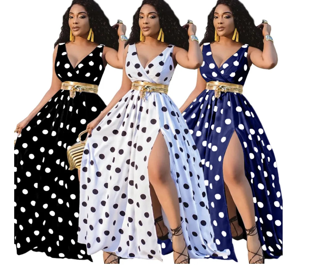 Sexy Deep V Neck Polka Dot Long Dress For Women Summer Boho Sleeveless Slim Print Side Slit Party Maxi Dresses Robe Femme