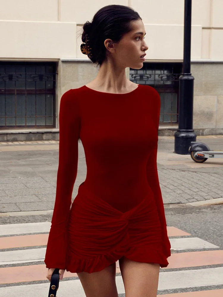 Tossy Ruffled Twist Skinny MIni Dress Women's Long Sleeve Patchwork High Waist Sexy Fashion Party Dress Female Y2k Bodycon Dress