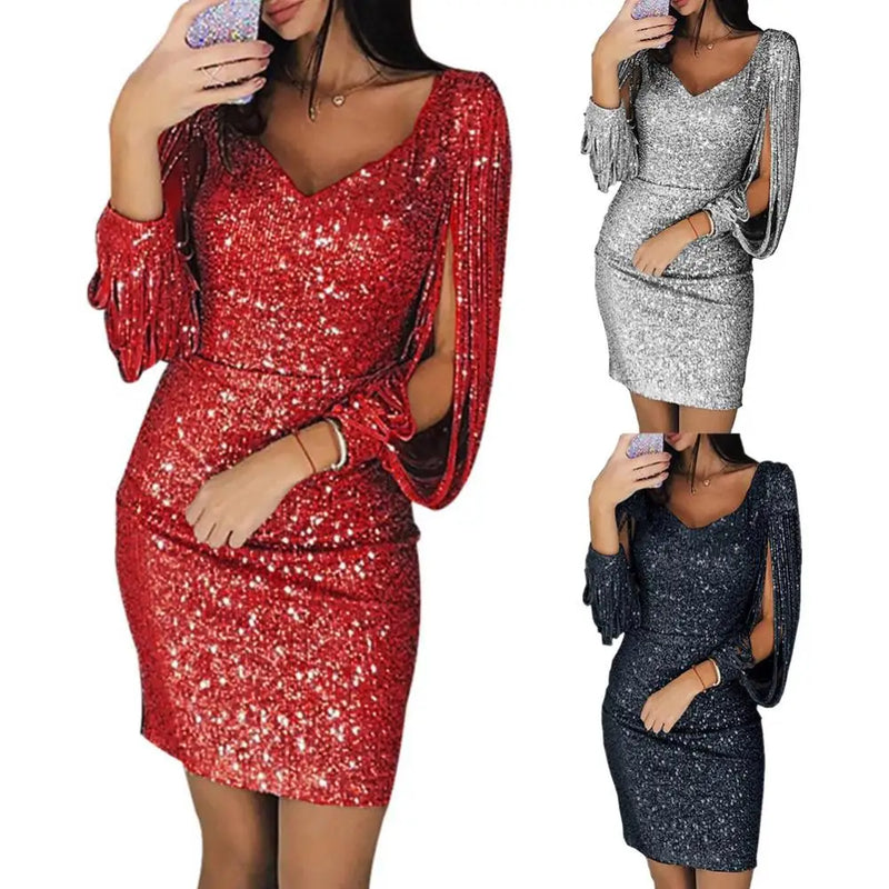 Women Mini Dress Glitter V Neck Hollow Out Tassel Long Sleeve Bodycon Gown Sexy Hip High Waist Dress Women Elegant Party dress