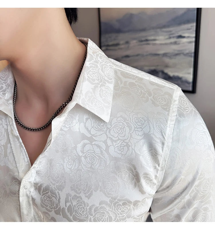 Men's Social Shirt New Rose Printed Long Sleeve Shirt Luxury Fashion Business Slim Fit Formal Shirt Men's Clothing 4XL-M