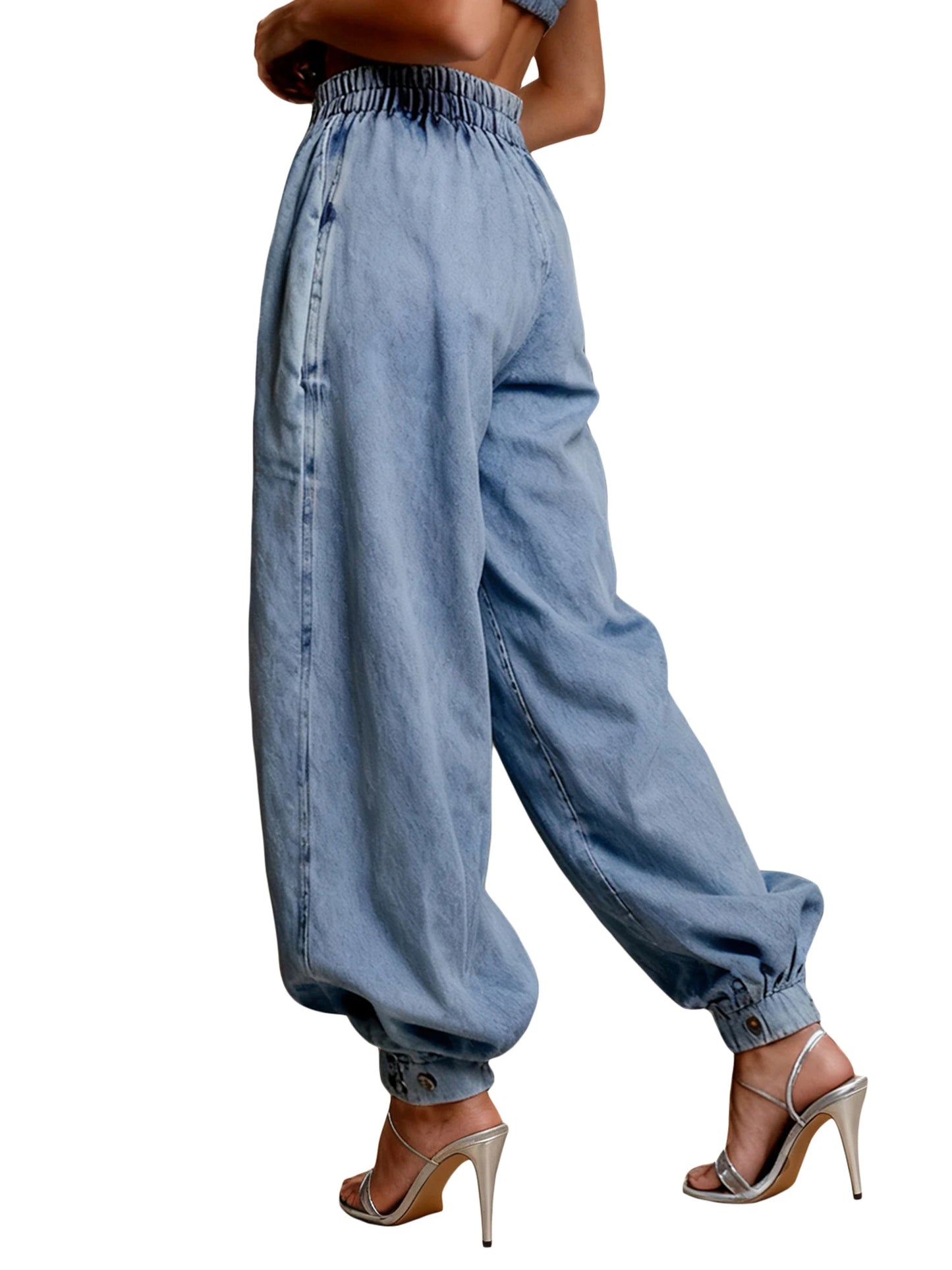 Women Harem Denim Pants Causal High Waist Wide Leg Baggy Solid Color Trousers with Pockets