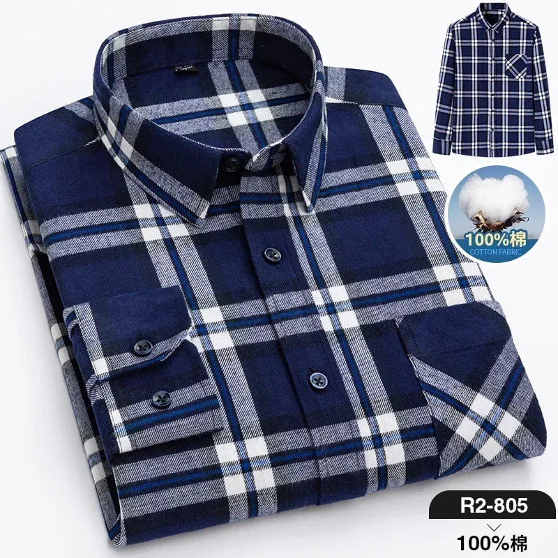 Pure Cotton Men's Plaid Shirt Long Sleeve Regular Fit Men Casual Oversized Shirt Leisure Autumn Male Clothes New Plus Size