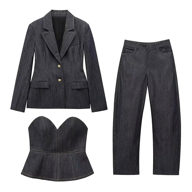 TRAFZA 2025 Conjunto de Blazer e Calça Jeans , Casaco Slim com Gola Redonda + Corpete com Decote em V + Jeans Feminino Vintage de Perna Larga