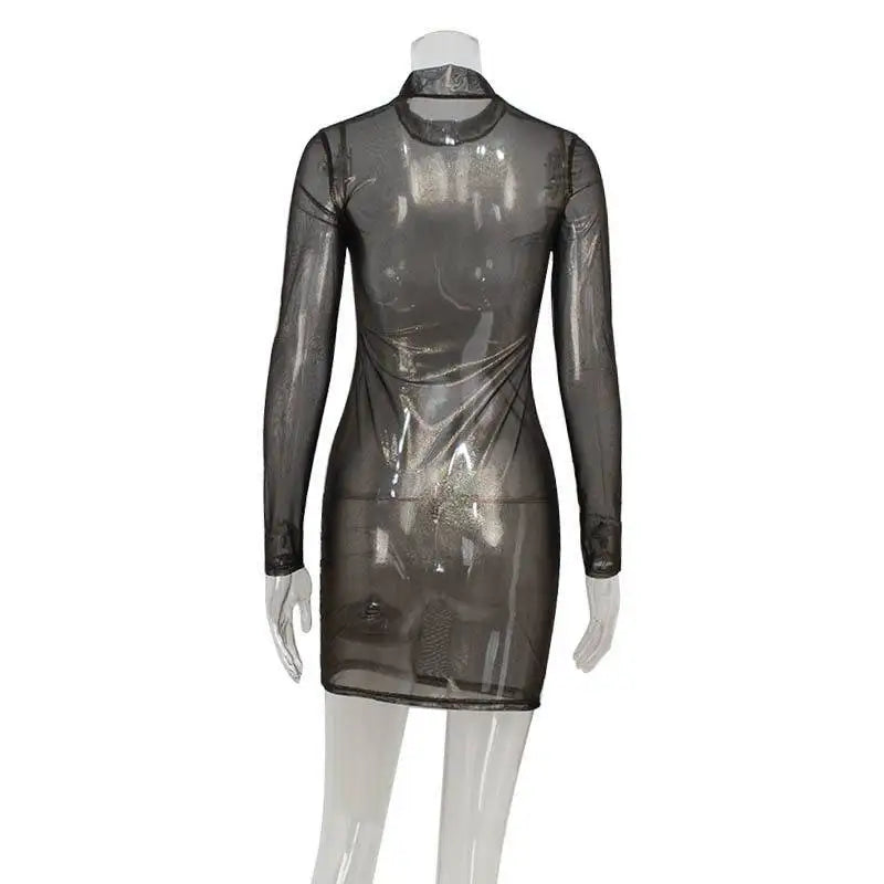 Mesh Dresses For Women Fashion Sexy Clubwear Long Sleeves Turtleneck Skinny See Through Hip Wrap Mini Vestidos Robes Female Fit