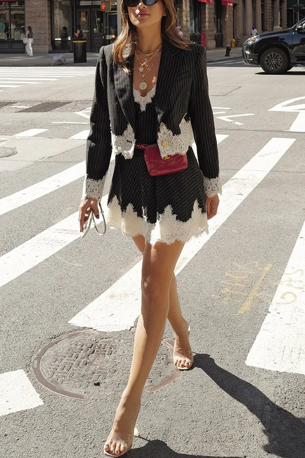 Dress Sets Women Blazer Two Piece Set Sling Mini Dresses V Neck Elegant Short Cardigan Coat Blazer Suits Slim Fit Lady Autumn