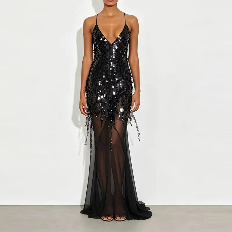 Sexy Deep V-neck Beaded Fishtail Dress Women Elegant Sleeveless Evening Dress Fashion Sequin Backless Hollow Out Slim Long Dress