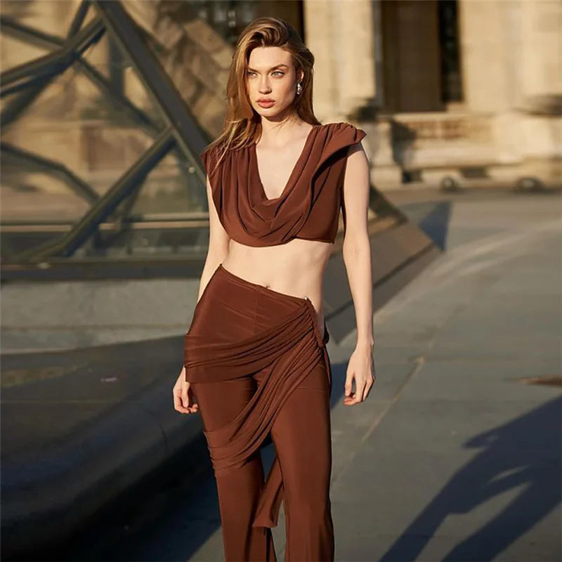 Conjunto de Calças Plissadas Decote em V Umbigo Exposto Sem Mangas Top Curto Slim Fit Calças Abraçando o Quadril