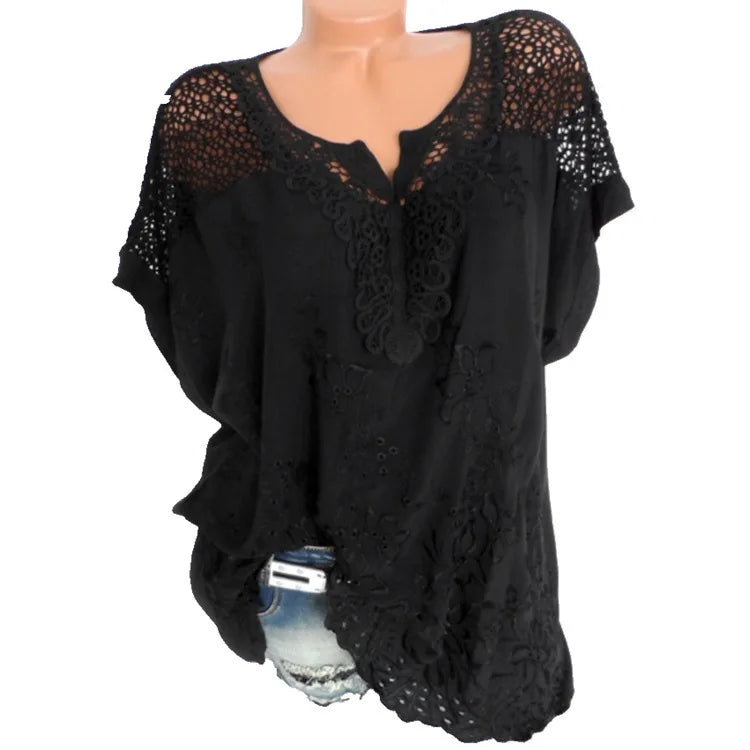Blusas e tops femininos de manga curta da moda verão, camisa solta de renda branca patchwork 6xl, tops femininos, roupas casuais