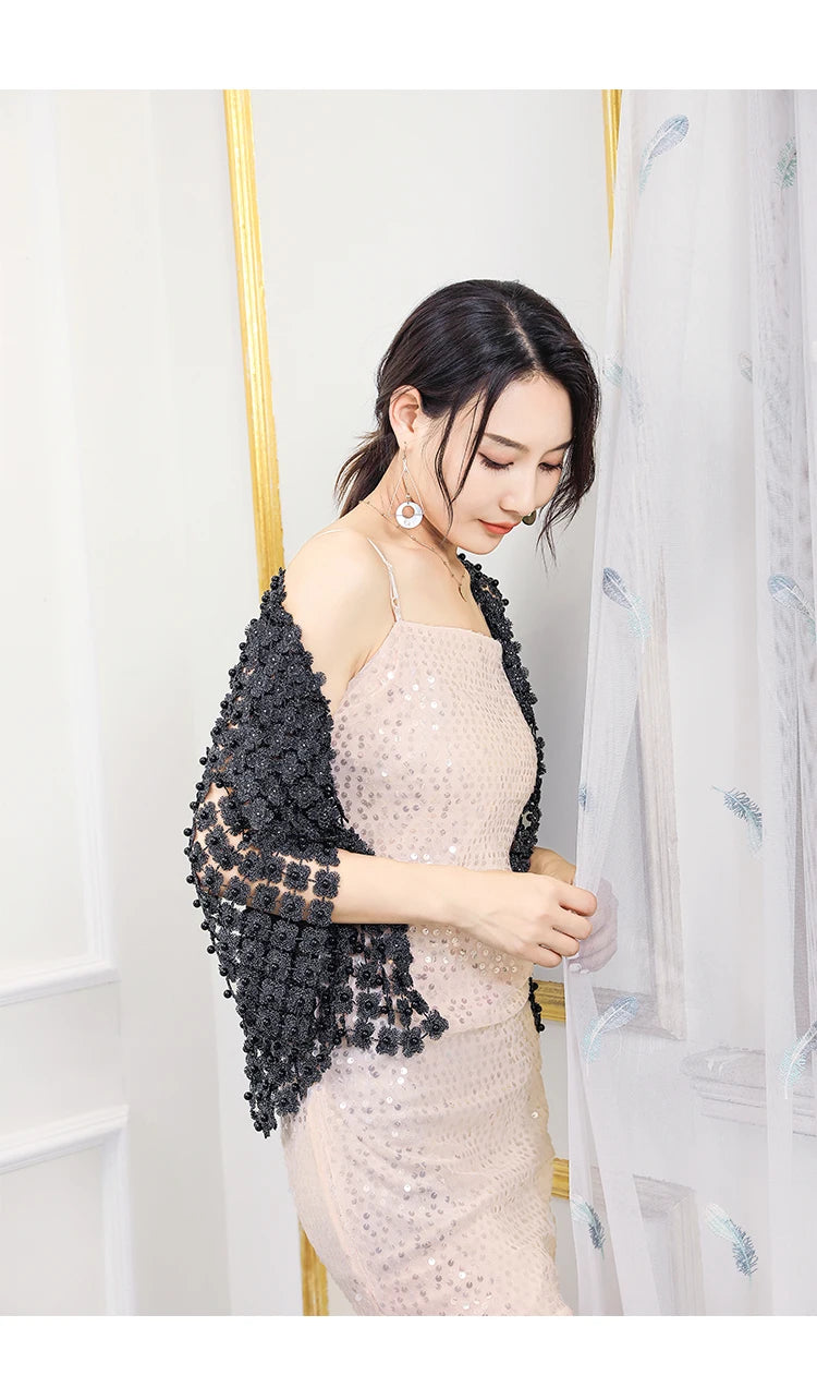 Women Beads Coat 2025 Summer Style Women Perspective Shawl Fashion Hollow Out Lace Boleros Short Sleeve Coats Jackets Femal